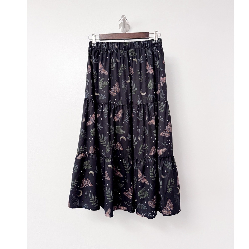 Romwe Womens Moth Moon Fern Tiered Midi Skirt Black Whimsigoth Small NWT - Picture 2 of 10